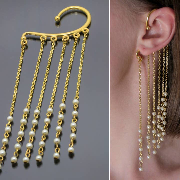 Orecchino da sposa con perle dorate, monoforo, non forato per la vendita all'ingrosso da parte di SomeBijoux4You