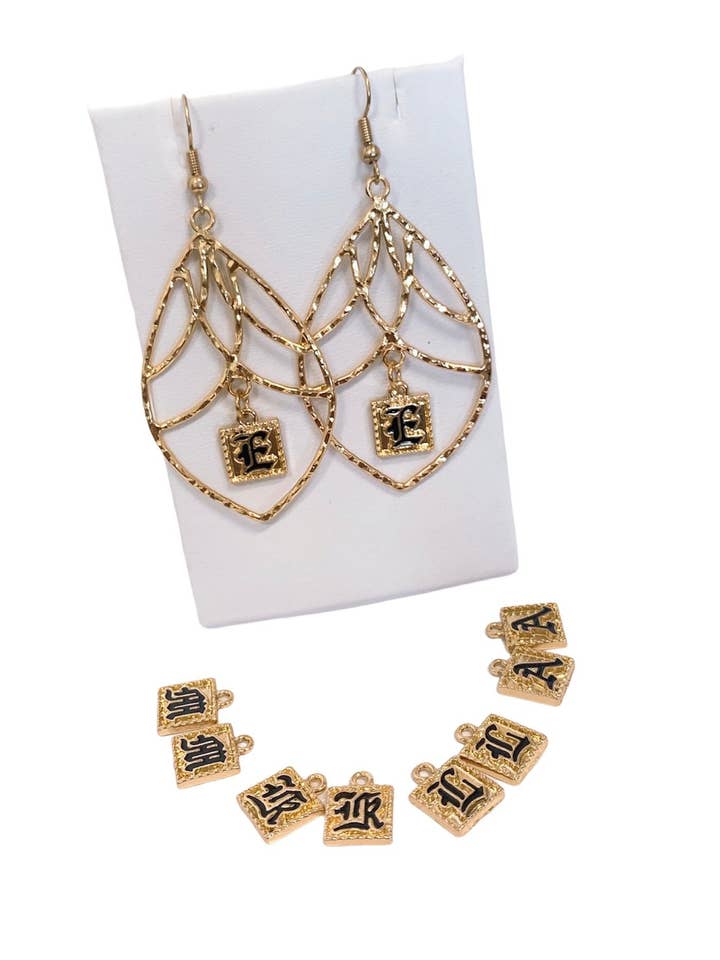 Old English Letter Charms Teardrop Leaf Earring for wholesale by Anela's Jewelry