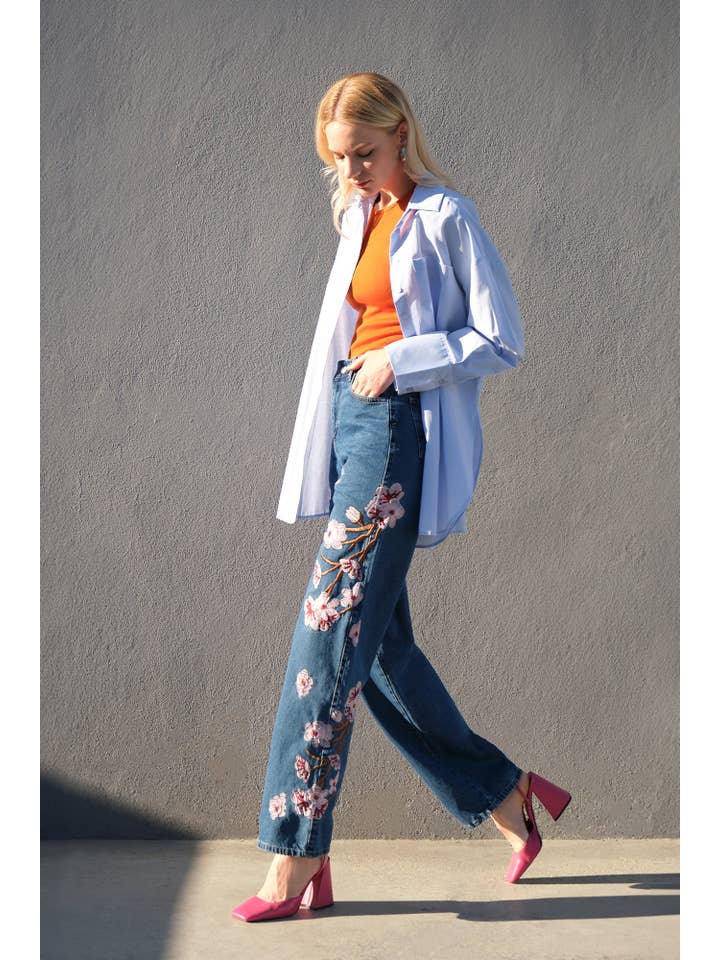 CHERRY BLOSSOM EMBROIDERED DENIM JEANS - HIGH WAIST for wholesale on Faire