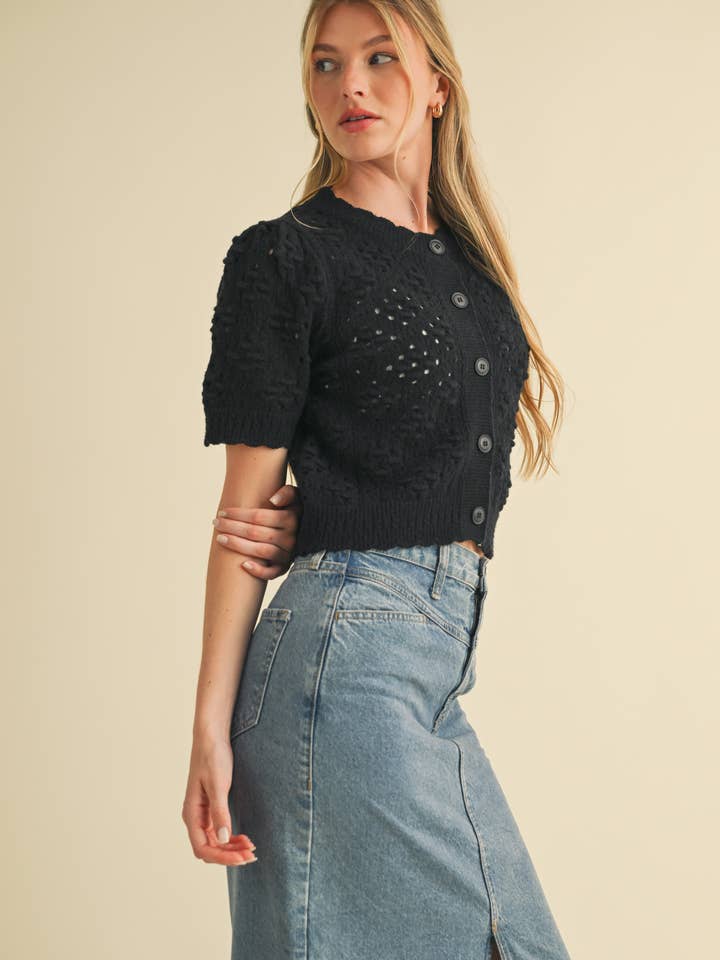 &MERCI - Wholesale Cardigan - Women's - CROPPED POINTELLE BUTTON DOWN SWEATER CARDIGAN MSW1085747