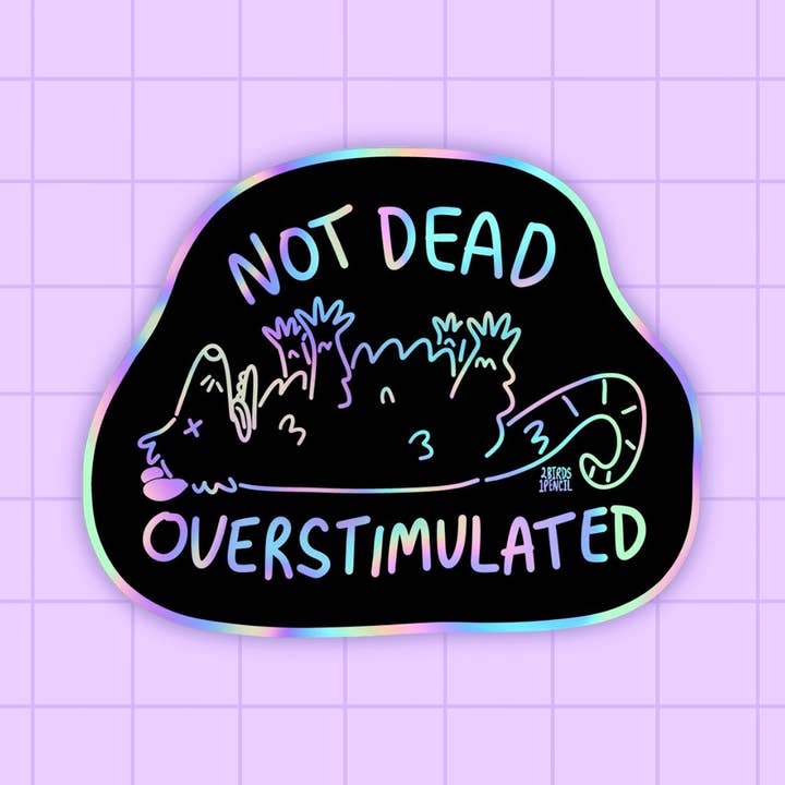 Overstimulated Possum Holographic Vinyl Sticker for wholesale by 2Birds1Pencil Illustrations