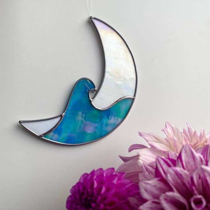 Lunar Wave, Stained Glass Wave Moon for wholesale by Lilikoi Art Studio