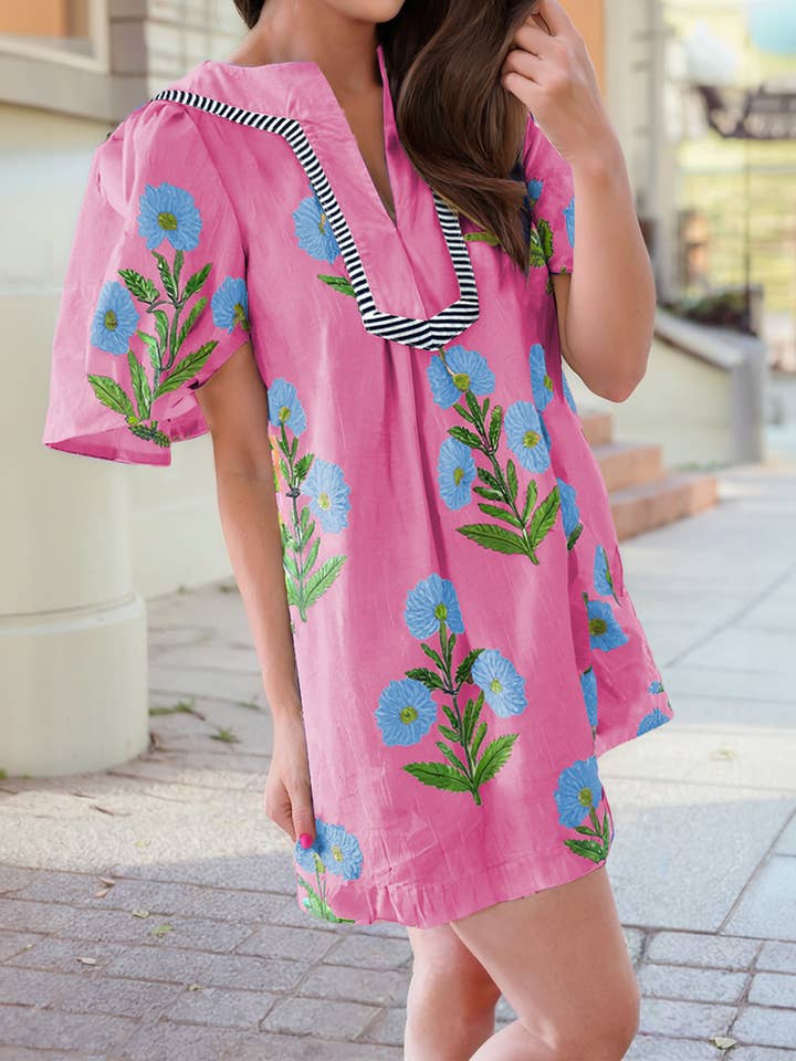 1 the Woman - Wholesale Dress - Women's - Floral Short Sleeve Split Neck Mini Dress