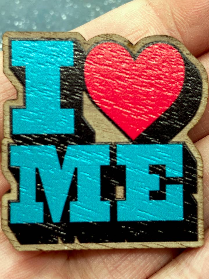Wooden Lapel Pin - I Heart Me for wholesale by The Red Swan Shop