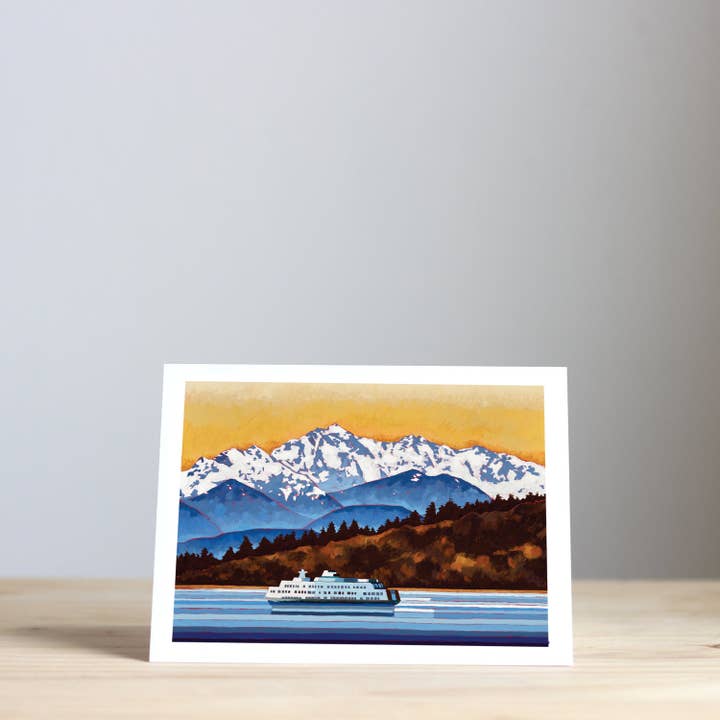 Olympic Mountains and Bremerton Ferry Greeting Cards for wholesale by IamBibby
