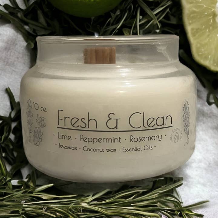 Vela con mecha de madera con aceites esenciales Fresh & Clean de 10 onzas para venta al por mayor de Safe Scents Shop