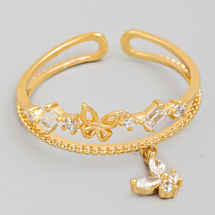 Two Row Butterfly Rhinestone Ring for wholesale by The Looks by Fame Accessories