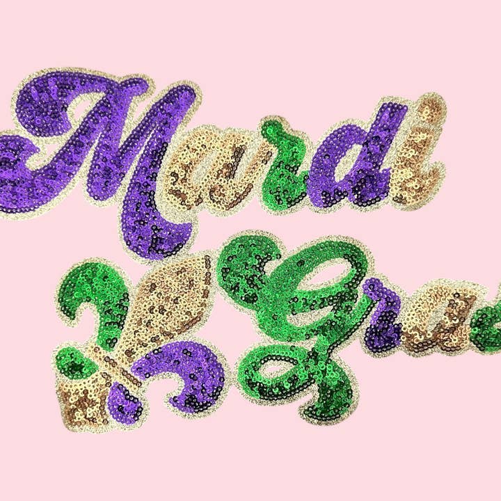 Mardi Gras Fleur De Lis Sequin Iron On Patch for wholesale by Rosie Posie Patches