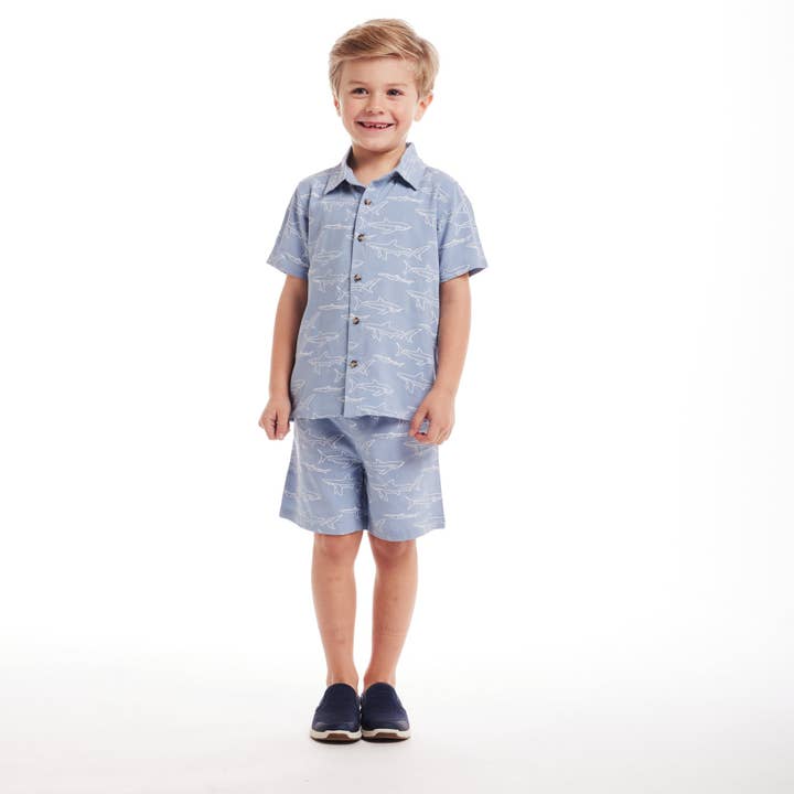 Kids (2-8) Shark Print Buttondown Set | Blue for wholesale on Faire
