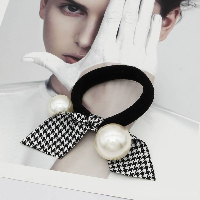 ACCITY - Wholesale Scrunchie - Women's - Pearl Lace Houndstooth Bow Hair Tie_CWAHA080490