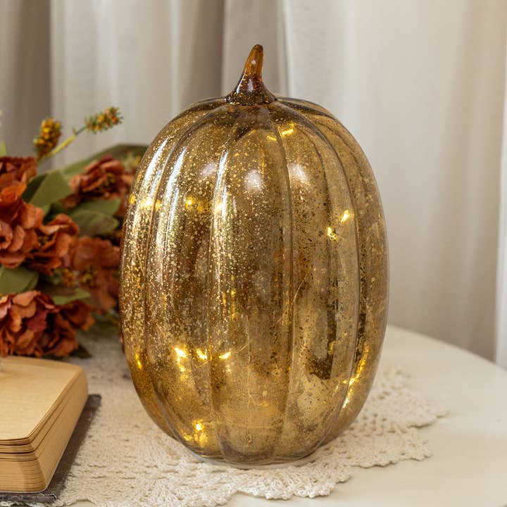 Calabaza LED de vidrio craquelado dorado de 8,5" para venta al por mayor de Ragon House