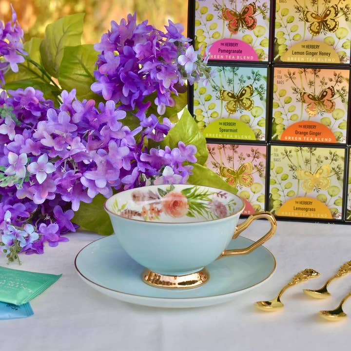 Bohemian Floral Bouquet in Aqua Blue Teacup and Saucer for wholesale by All Little Cute Things