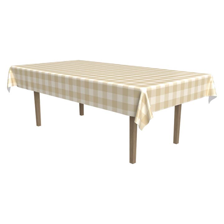 Beige and Cream Plaid Plastic Tablecover, 54" x 108" for wholesale by Beistle
