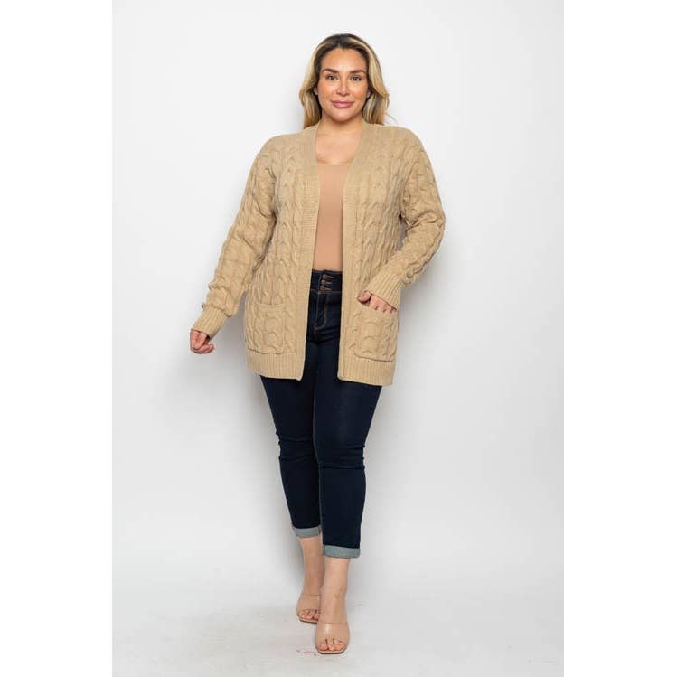Curve Market - Wholesale Cardigan - Women's - PLUS SIZE CABLE KNIT OPEN FRONT SIDE POCKETS CARDIGAN3