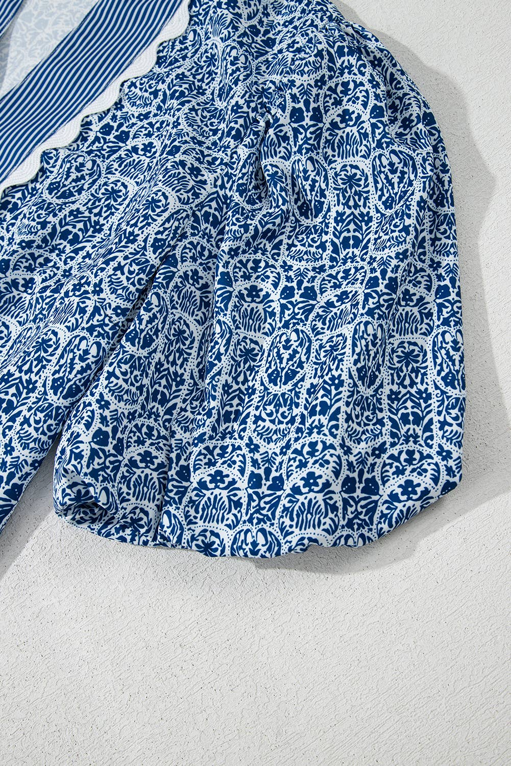 Blue Floral Striped Print Contrast Ric-rac Puff Sleeve Top for wholesale on Faire7