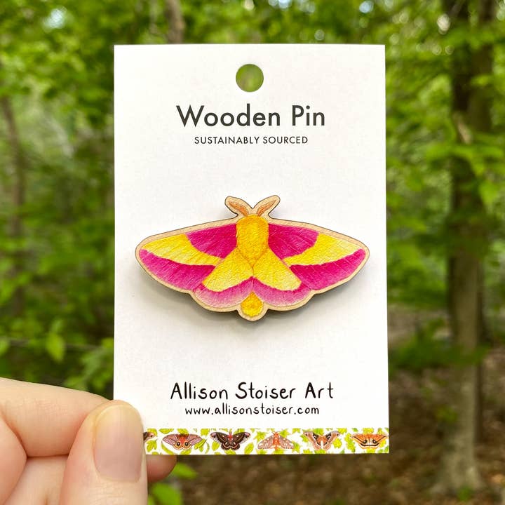 Rosy Maple Moth Wooden Pin (Sustainably Sourced) for wholesale by Allison Stoiser Art