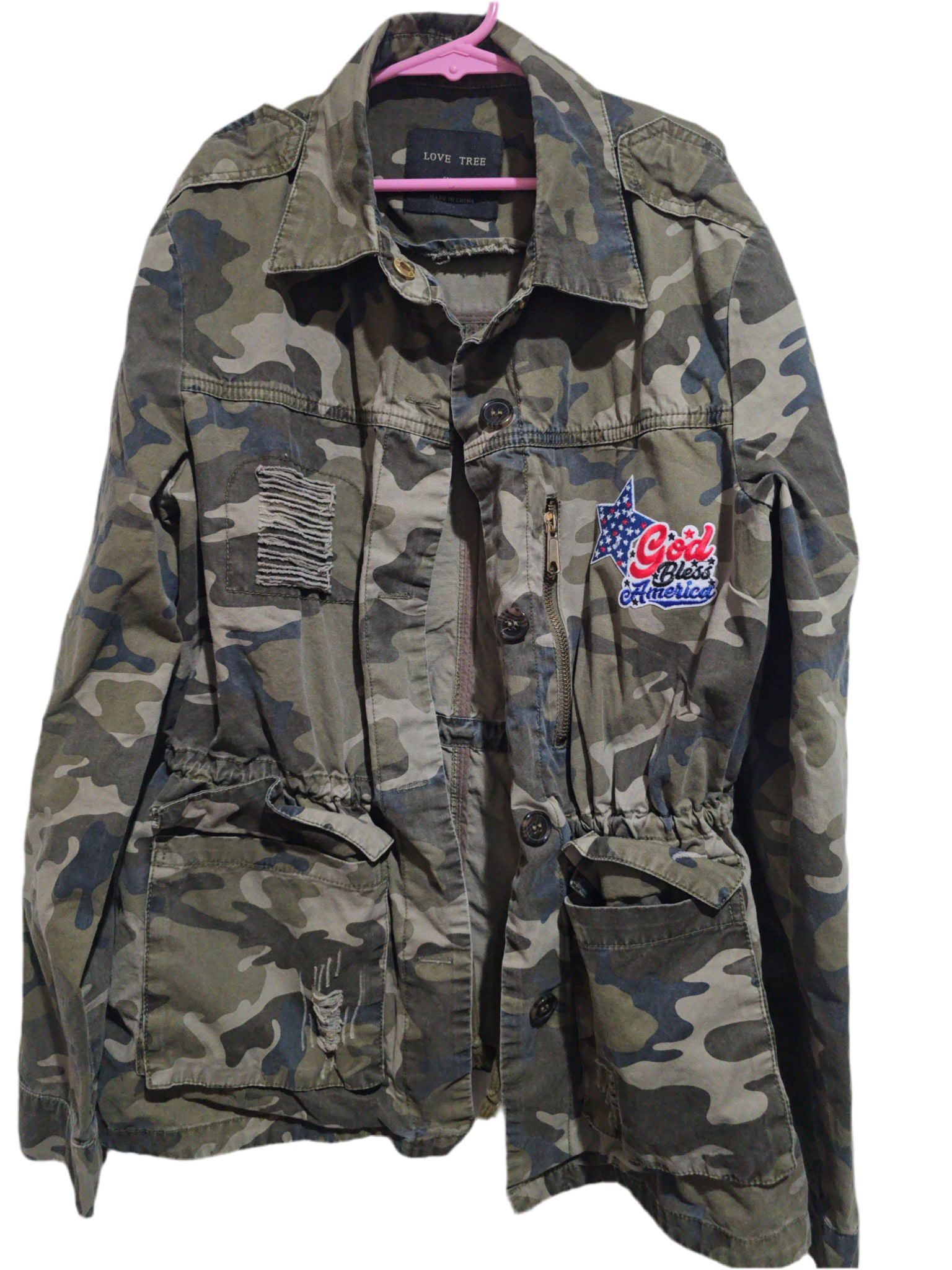 Patchwrx Customs Hat Bar - Wholesale Jacket - Women's - Camo God Bless America Jacket, S Women’s1