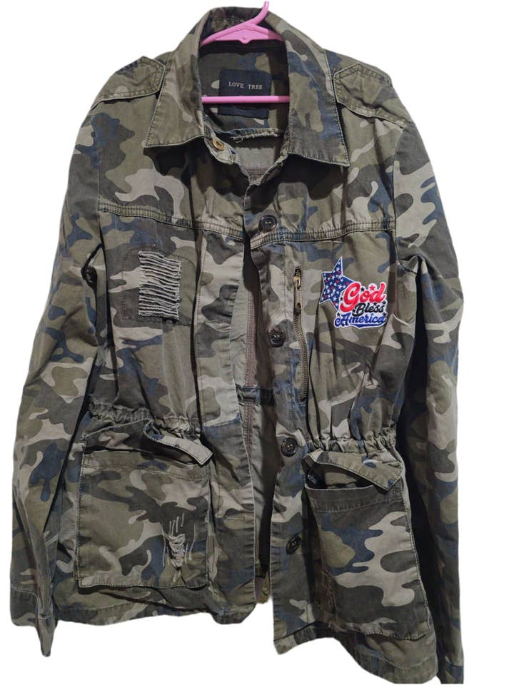 Patchwrx Customs Hat Bar - Wholesale Jacket - Women's - Camo God Bless America Jacket, S Women’s1