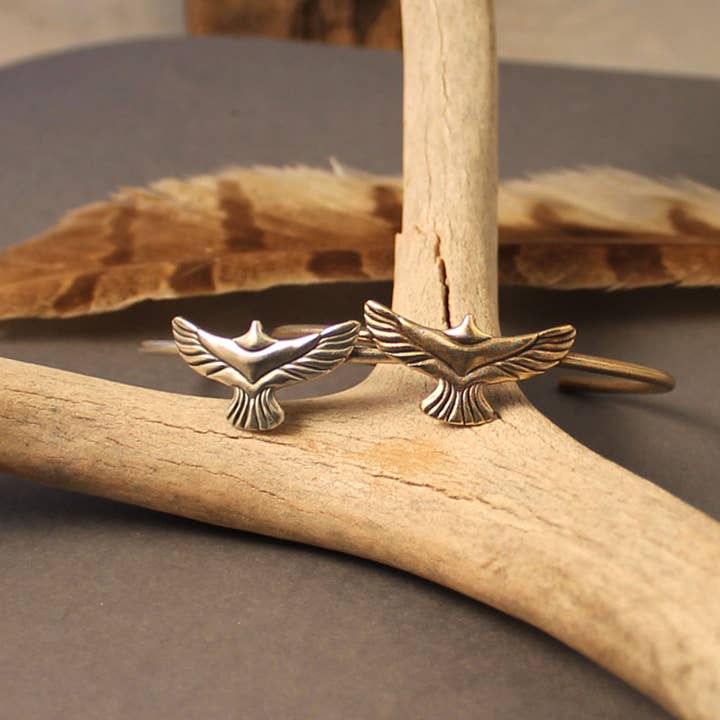 Bird cuff in brass or sterling silver for wholesale by Crow Jane Jewelry