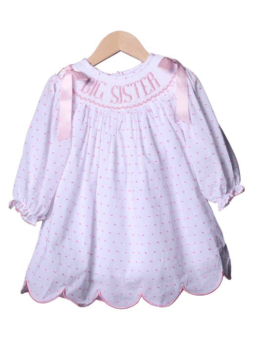 Smocked PINK Swiss Dot Big Sister Long Sleeve Dress for wholesale by The Smocked Flamingo