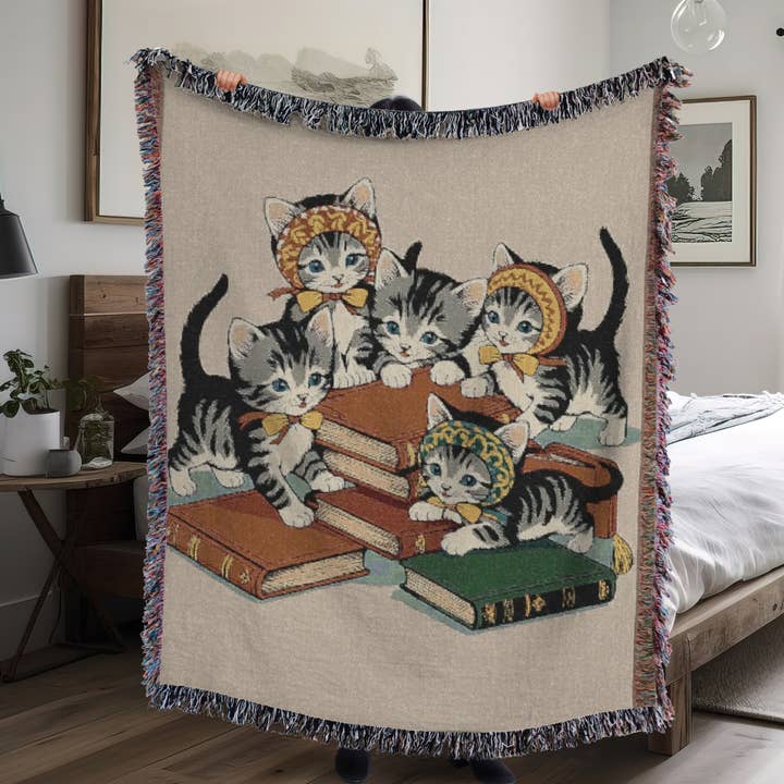 Babushka Cats and Books -Book Nook Woven Blanket for wholesale by Babushka Cat