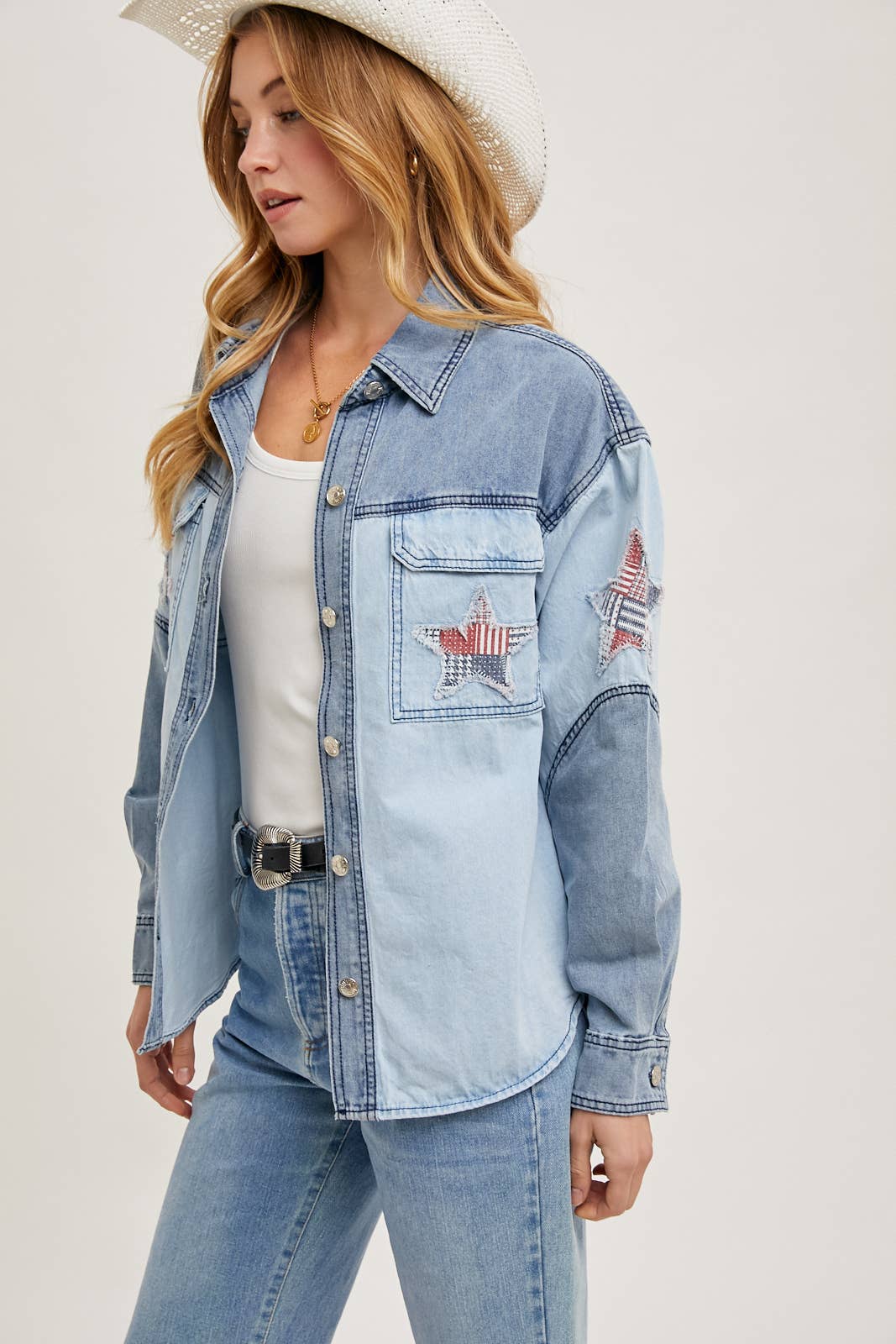 DENIM CAMICIA GIACCA PATCHWORK CON STELLA IN DENIM WESTERN - 4 LUGLIO in vendita all'ingrosso su Faire5
