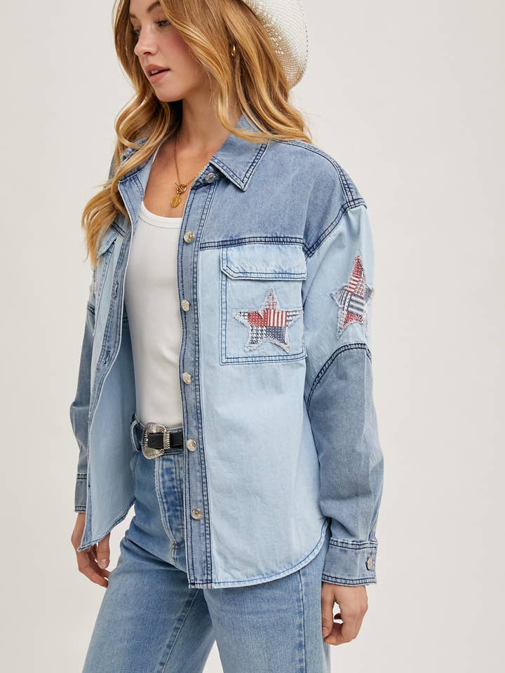 WESTERN DENIM STAR PATCHWORK JACKET SHIRT - 4TH OF JULY for wholesale on Faire5