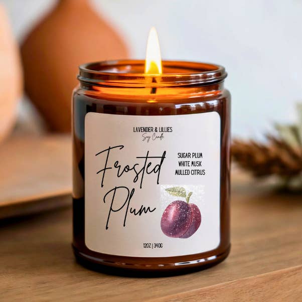 Frosted Plum- Soy Candle- 12oz Amber Glass for wholesale by Lavender & Lillies