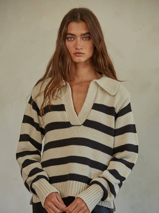 W1306 | Jersey de punto con cuello en V a rayas para venta al por mayor de By Together