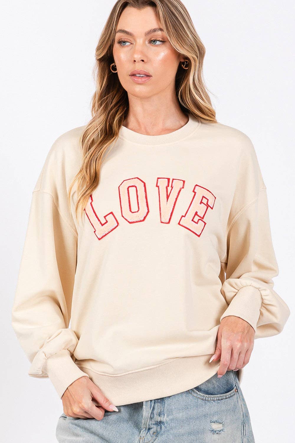 Ivory SAGE + FIG LOVE Path Applique Drop Shoulder Sweatshirt for wholesale on Faire3