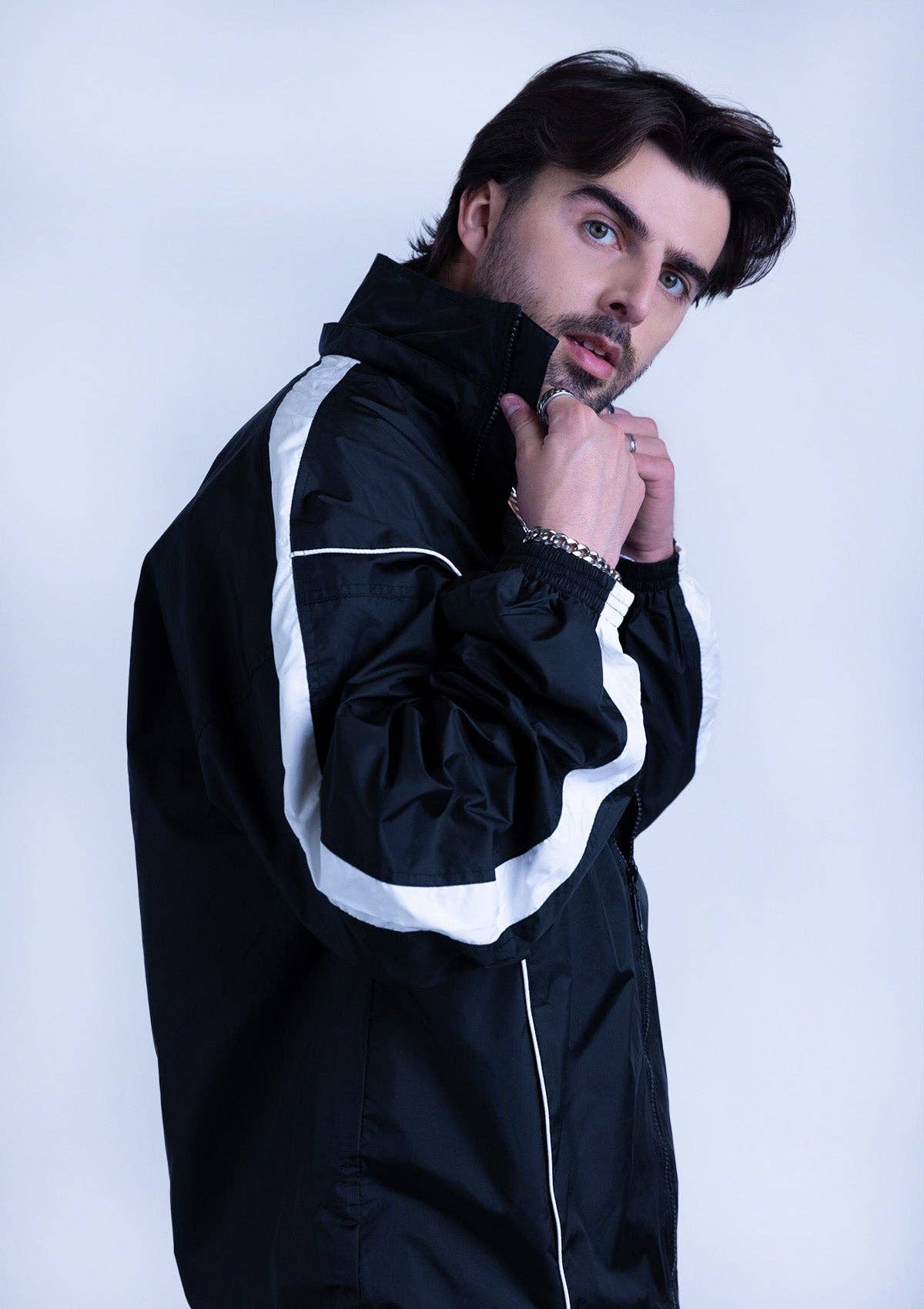 2600S Unisex Full Zipper Taffeta Nylon Tracksuit Jacket and Joggers Set with White Piping - Black for wholesale on Faire2