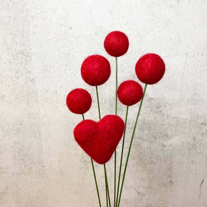 Set of 6 Felt Heart Ball Bouquet Red Hot for wholesale by Oakwind Hollow