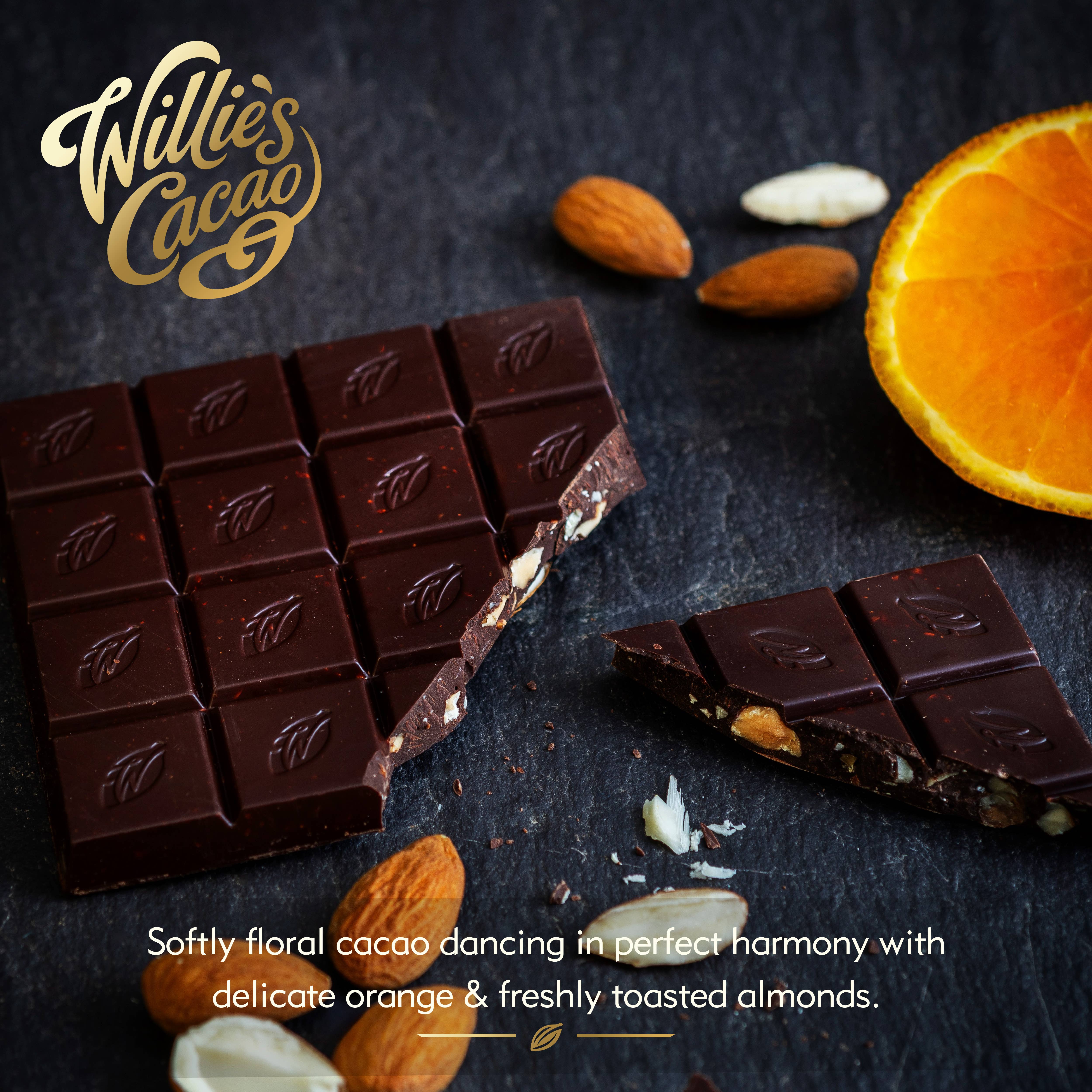 Willie's Cacao – wholesale Chocolate bar – Orange & Almond. 100% cacao. No Added Sugar. Vegan. 50g bar2