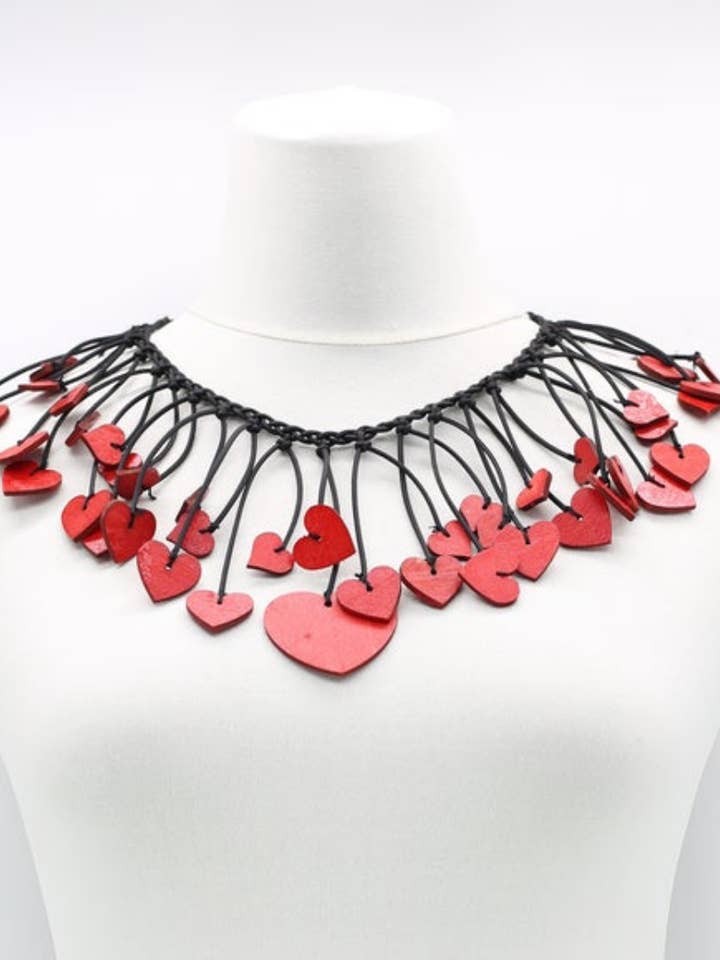 Hand Painted Wooden Hearts on Leatherette Necklace for wholesale by Jianhui London