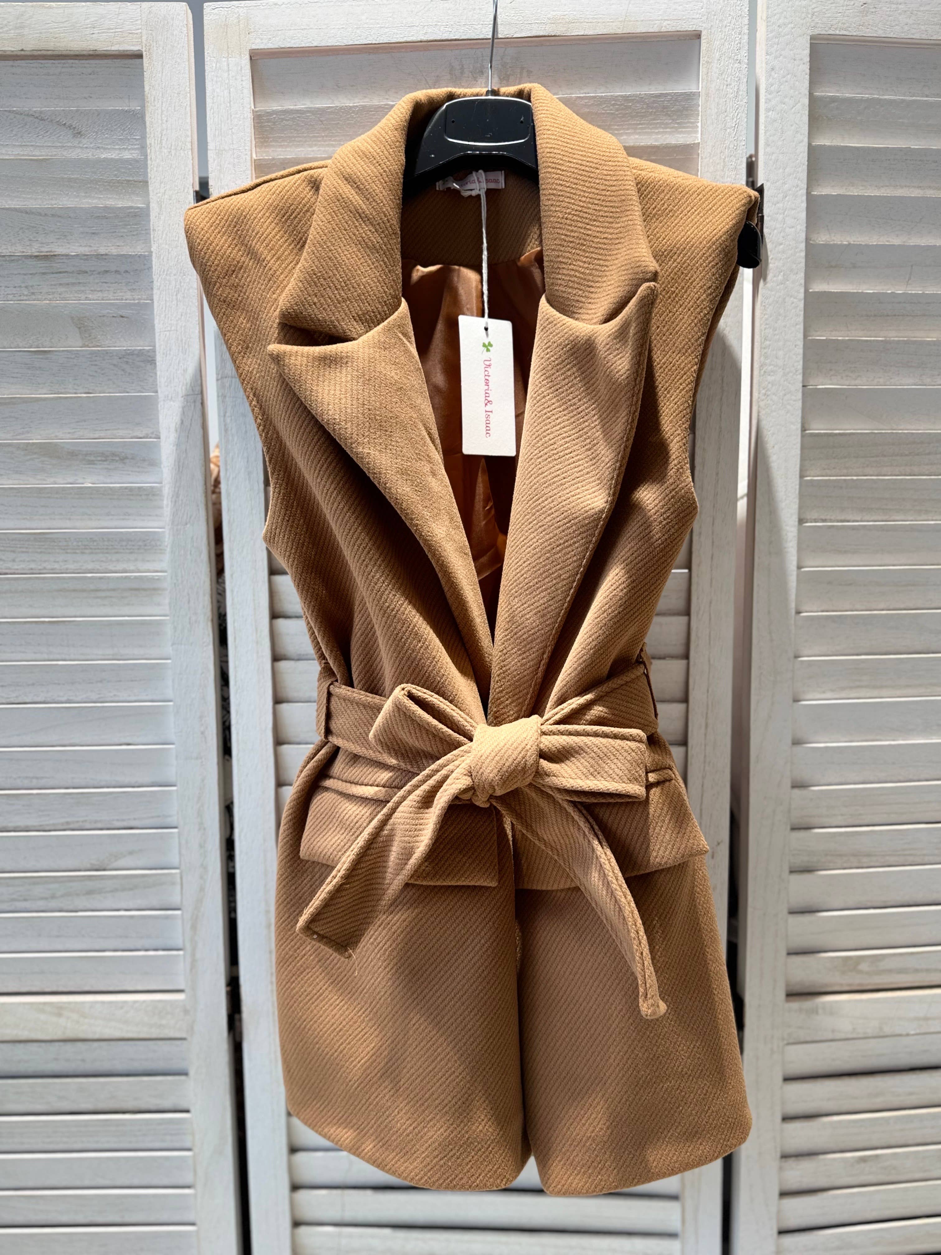 VICTORIA&ISAAC - Vente Blazer – femme - Blazer sans manches à ceinture - 6592camel5