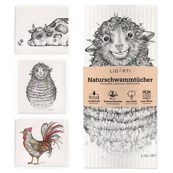 LIGARTI - Wholesale Dishcloth - Sponge cloth set of 3 - farm