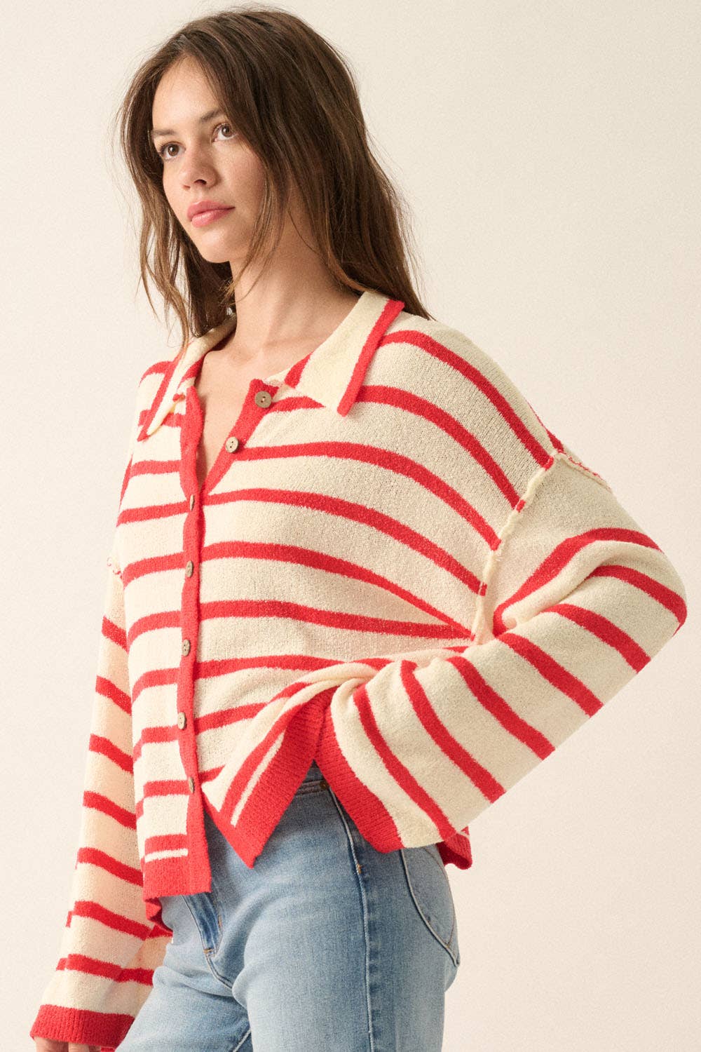 Promesa USA - Vente Cardigan – femme - Cardigan à rayures en maille avec col et boutons sur le devant5