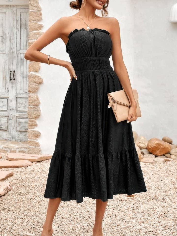 Schulterfreies Spitzenbesatz trägerloses Tube A-Linien-Kleid für den Großhandel von CC Wholesale Clothing