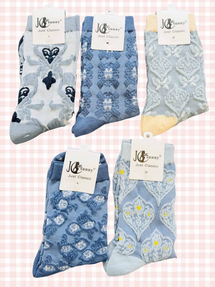 JCS018 3D Blue-White Vintage Embroidered Floral Socks for wholesale by JC Sunny Fashion