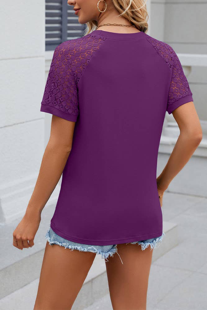 Comely Fashion - Wholesale Blouse - Women's - Solid Color Lace Sleeves Crew Neck T-shirt14