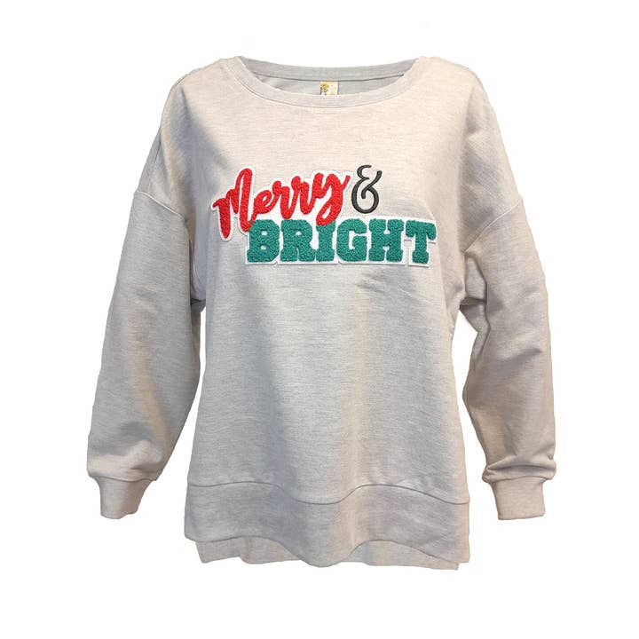 Merry & Bright Chenille Patch Lt Steel Boxy Crew for wholesale by MCCC Sportswear