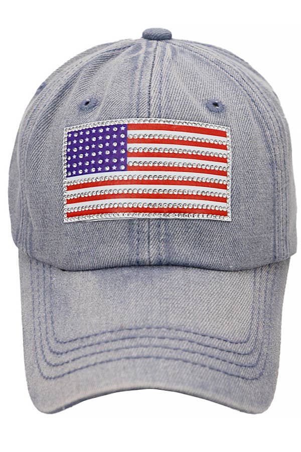 Cap Zone - Wholesale Baseball Cap - Unisex - American Flag Rhinestone Patch Washed Denim Baseball Cap1
