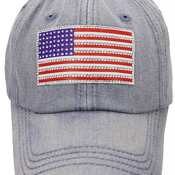 Cap Zone - Wholesale Baseball Cap - Unisex - American Flag Rhinestone Patch Washed Denim Baseball Cap1