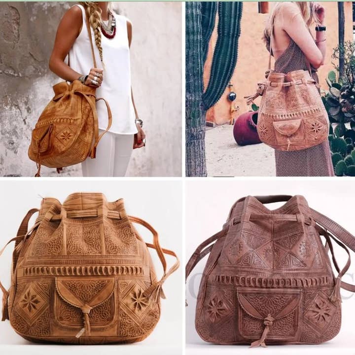 DarKech - Wholesale Shoulder Bag - Women's - Moroccan Leather Bucket Shoulder Drawstring Bag