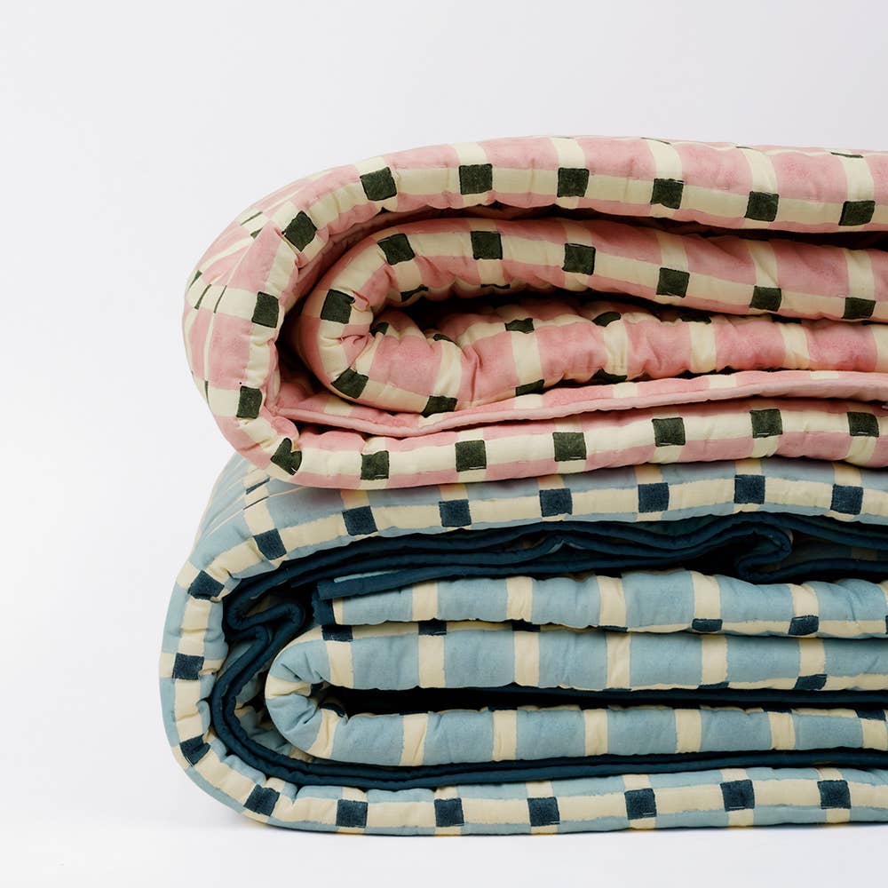 Craft Boat - Wholesale Quilt - HAND BLOCK PRINTED QUILT -  BLUE CHECKERBOARD 1