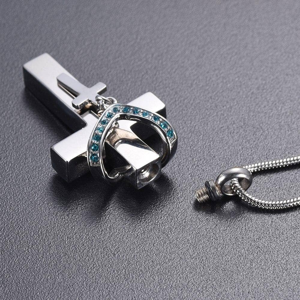 Cherished Emblems – wholesale Pendant/charm necklace – Silver Cross & Rhinestone Rosary Cremation Urn Necklace7