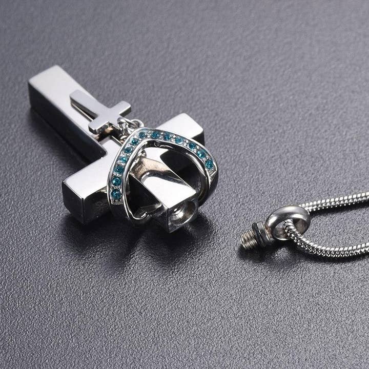 Cherished Emblems – wholesale Pendant/charm necklace – Silver Cross & Rhinestone Rosary Cremation Urn Necklace7