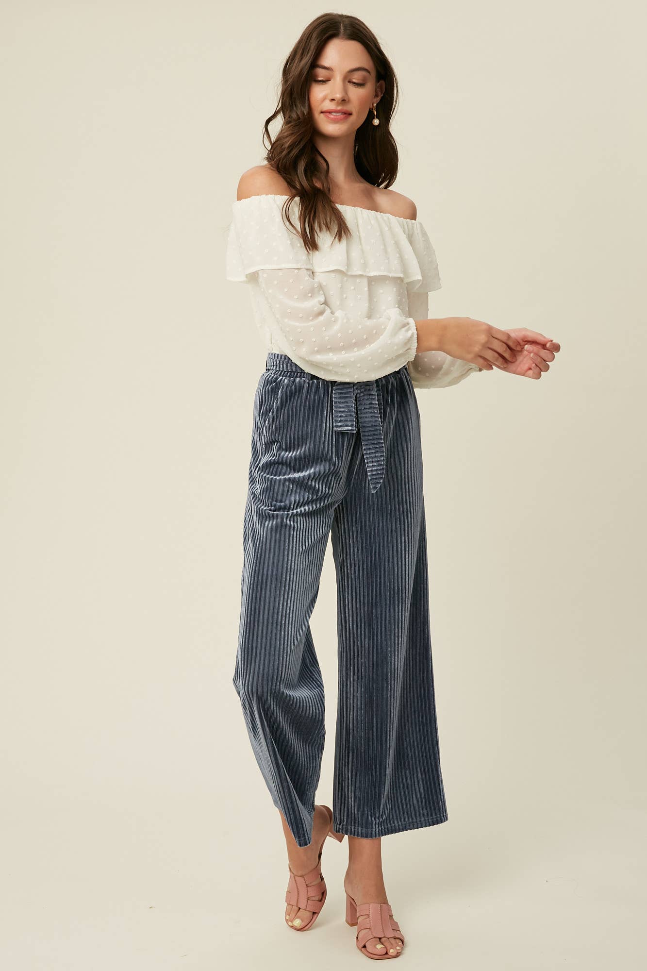 Cream Swiss Dot Off-Shoulder Ruffle Blouse LT0895 for wholesale on Faire7