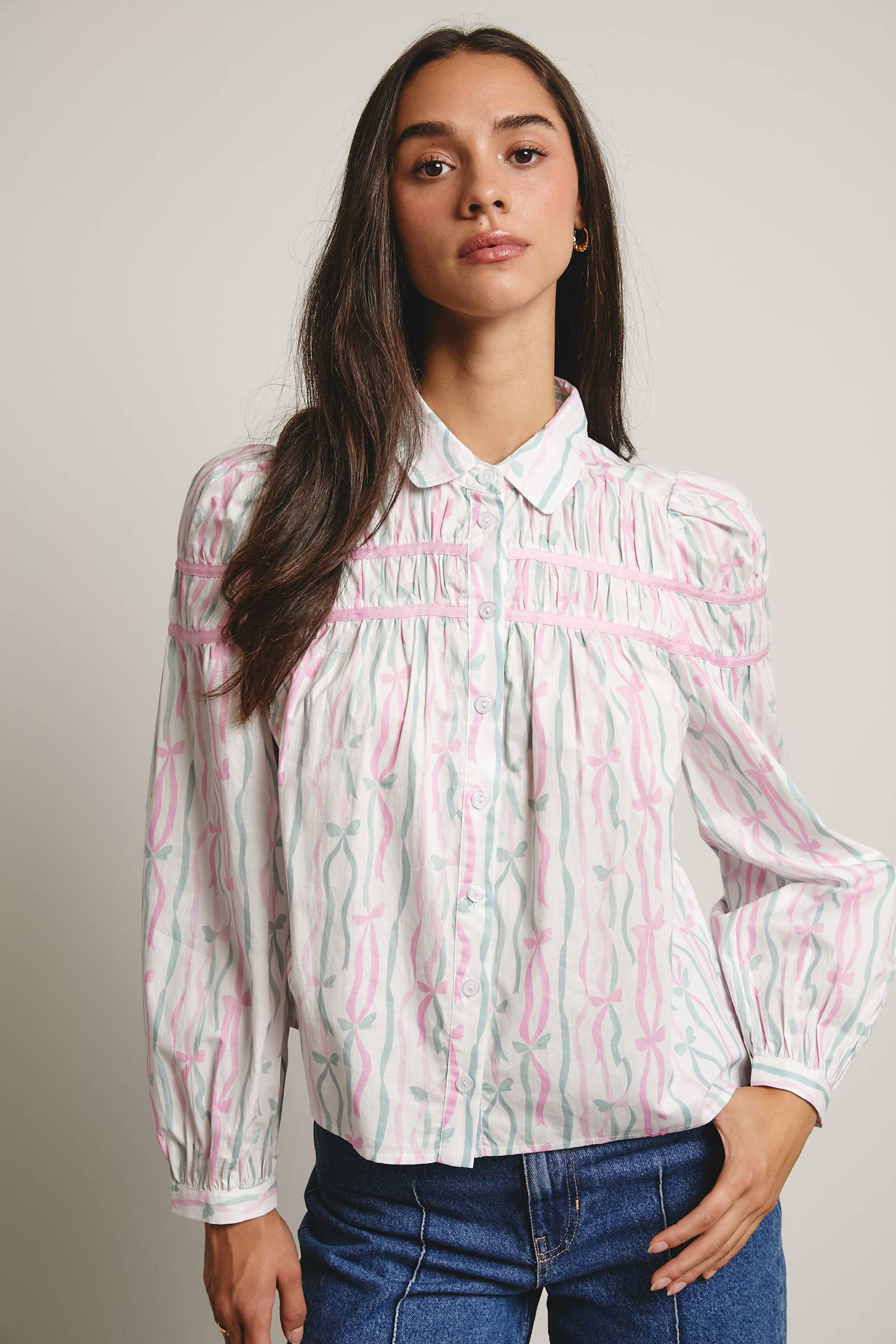 Forte – wholesale Blouse – Women’s – Ribbon Stripe Puff Sleeve Blouse FT000513