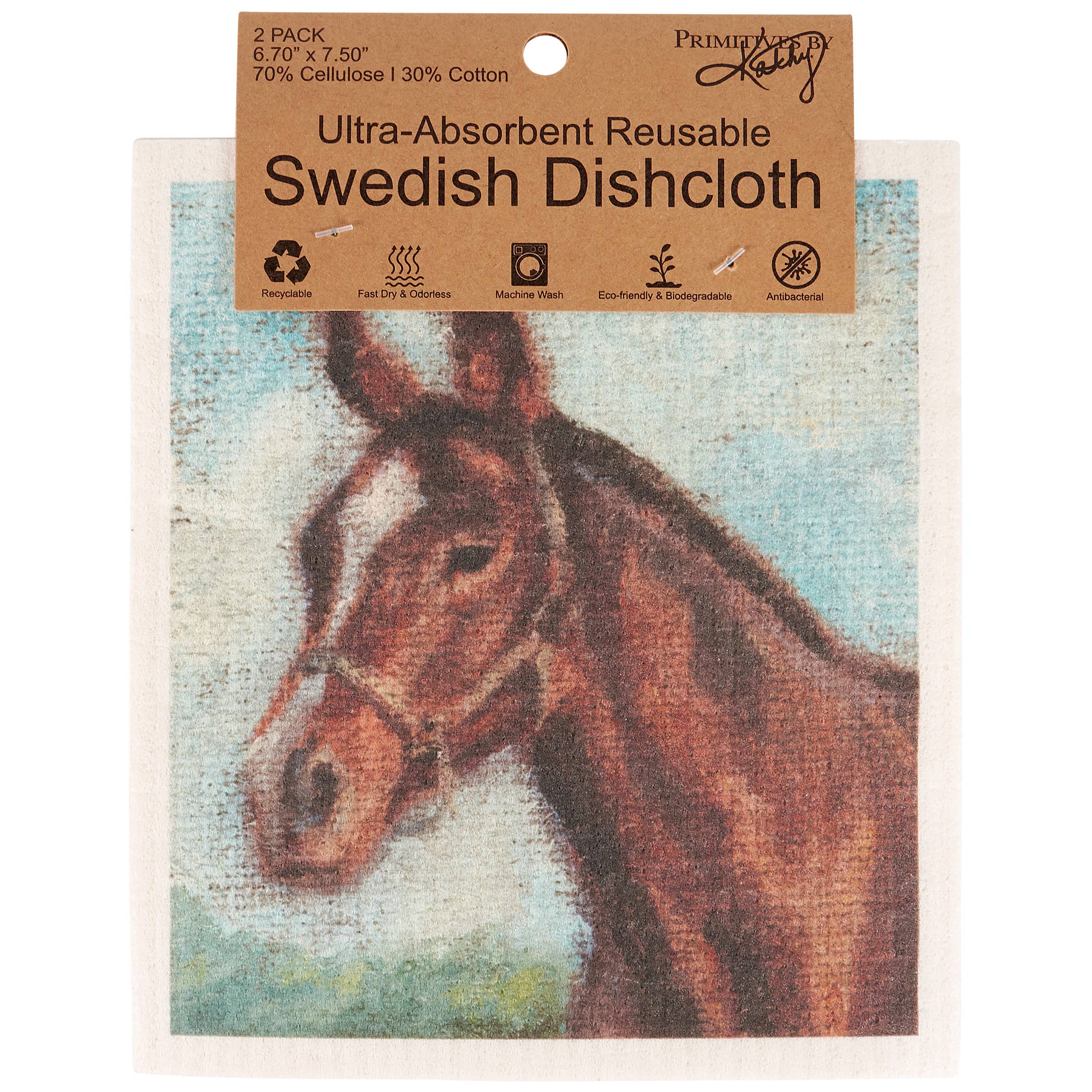 Primitives by Kathy - Wholesale Tea Towel - Grazing Horses Swedish Dishcloth Set2